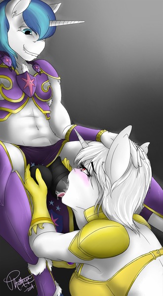 Size: 1058x1920 | Tagged: dead source, explicit, artist:phathusa, derpibooru import, shining armor, oc, oc:altima, anthro, unicorn, armor, ball fondling, balls, belly button, blowjob, breasts, creampie, cum, cum in mouth, deepthroat, female, g4, grope, guardsmare, horn, horsecock, image, infidelity, infidelity armor, jpeg, mare, nudity, oral, oral creampie, penis, royal guard, sex, throat bulge