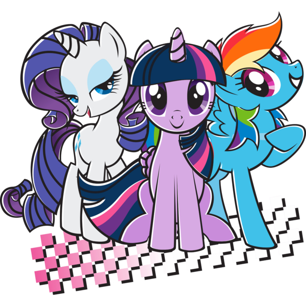 Size: 2048x2048 | Tagged: artist needed, safe, alternate version, derpibooru import, official, rainbow dash, rarity, twilight sparkle, twilight sparkle (alicorn), alicorn, pegasus, pony, unicorn, abstract background, black outlines, checkered, closed mouth, female, folded wings, g4, grin, horn, image, lidded eyes, looking at you, mare, open mouth, open smile, png, raised hoof, retro, simple background, smiling, spread wings, stock vector, transparent background, trio, trio female, wings, zazzle