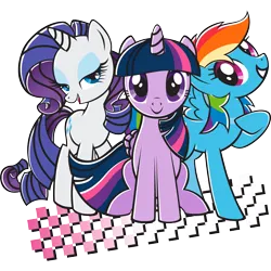 Size: 2048x2048 | Tagged: artist needed, safe, alternate version, derpibooru import, official, rainbow dash, rarity, twilight sparkle, twilight sparkle (alicorn), alicorn, pegasus, pony, unicorn, abstract background, black outlines, checkered, closed mouth, female, folded wings, g4, grin, horn, image, lidded eyes, looking at you, mare, open mouth, open smile, png, raised hoof, retro, simple background, smiling, spread wings, stock vector, transparent background, trio, trio female, wings, zazzle