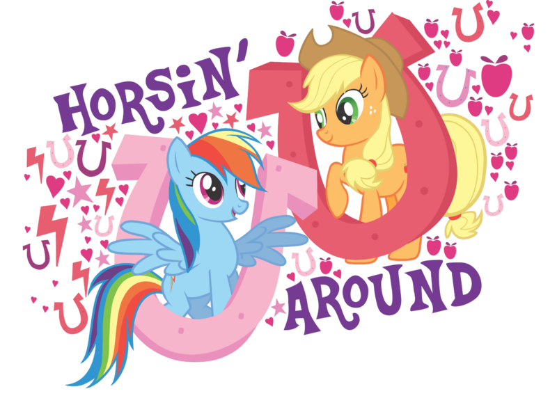 Size: 2048x1489 | Tagged: safe, derpibooru import, official, applejack, rainbow dash, earth pony, pegasus, pony, apple, closed mouth, design, duo, duo female, female, food, g4, heart, horseshoes, horsing around, image, lightning, looking at each other, looking at someone, mare, merchandise, open mouth, open smile, png, raised hoof, shirt design, simple background, smiling, spread wings, text, transparent background, vector, wings, zazzle