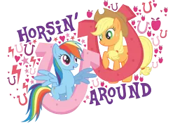 Size: 2048x1489 | Tagged: safe, derpibooru import, official, applejack, rainbow dash, earth pony, pegasus, pony, apple, closed mouth, design, duo, duo female, female, food, g4, heart, horseshoes, horsing around, image, lightning, looking at each other, looking at someone, mare, merchandise, open mouth, open smile, png, raised hoof, shirt design, simple background, smiling, spread wings, text, transparent background, vector, wings, zazzle