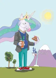 Size: 1280x1768 | Tagged: safe, artist:lytlethelemur, derpibooru import, princess celestia, alicorn, anthro, bojack horseman, canterlot castle, clothes, crossover, cursed image, drink, food, g4, grass, image, jewelry, jpeg, necklace, pants, shoes, sneakers, suit, sun, tree