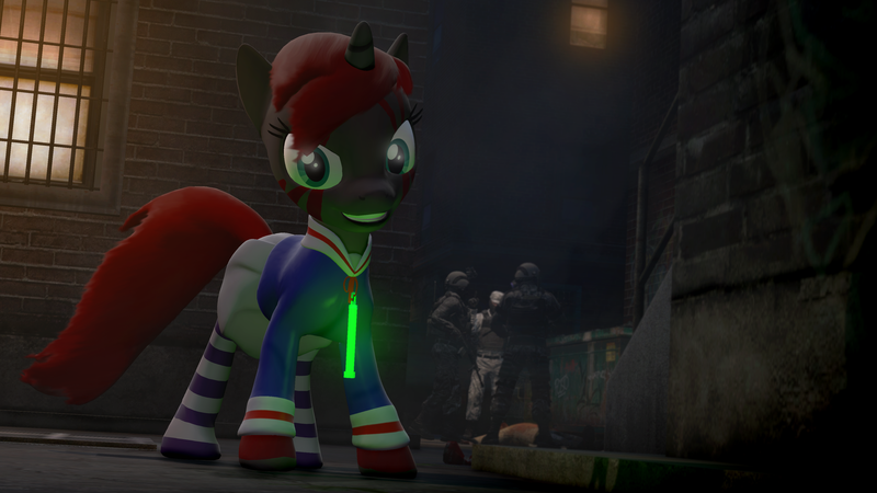 Size: 3840x2160 | Tagged: safe, derpibooru import, oc, oc:blushyblack, human, unicorn, 3d, alley, clothes, evil, evil grin, glowstick, gmod, grin, horn, image, looking at you, photoshop, png, skirt, smiling, socks, soldiers, striped socks