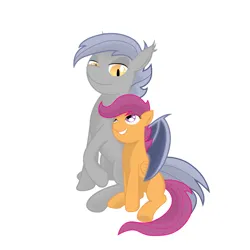 Size: 1024x1024 | Tagged: safe, artist:gatesmccloud, derpibooru import, scootaloo, oc, oc:night crescent, bat pony, pegasus, pony, fanfic:cops and robbers, adoptable, adopted daughter, adopted offspring, cute, cutealoo, duo, fanfic in the description, female, filly, foal, grin, hug, image, lidded eyes, looking at each other, looking at someone, mare, mother and child, mother and daughter, png, scootadoption, scootalove, smiling, smiling at each other, winghug, wings