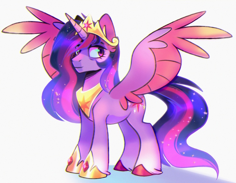 Size: 2450x1900 | Tagged: safe, artist:virygo19, derpibooru import, princess twilight 2.0, twilight sparkle, twilight sparkle (alicorn), alicorn, pony, the last problem, chromatic aberration, colored hooves, colored wings, crown, ethereal mane, ethereal tail, female, hair over one eye, hoof shoes, image, jewelry, jpeg, mare, older, older twilight, older twilight sparkle (alicorn), peytral, regalia, simple background, solo, spread wings, tail, unshorn fetlocks, white background, wings