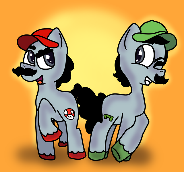 Size: 1472x1377 | Tagged: safe, artist:bloodiebitez, derpibooru import, idw, crystal pony, pony, brothers, facial hair, full body, image, luigi, male, mar10, mario, moustache, mushroom, one eye closed, pipe, plumber, png, raised hoof, siblings, simple background, simple shading, super mario bros., twins, wink