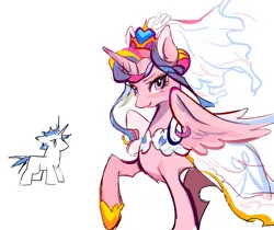 Size: 958x803 | Tagged: safe, artist:utaaydote1, derpibooru import, princess cadance, shining armor, alicorn, pony, unicorn, clothes, concave belly, dress, duo, female, height difference, horn, image, male, mare, meme, messy mane, physique difference, png, ship:shiningcadance, shipping, simple background, size difference, slender, smiling, stallion, straight, the bride and the ugly ass groom, thin, toy interpretation, wedding dress, white background