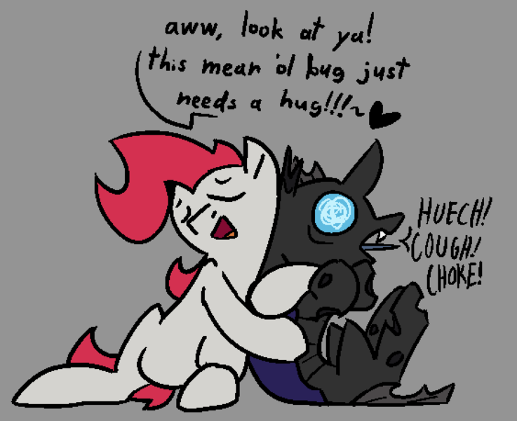 Size: 1126x917 | Tagged: safe, artist:skookz, derpibooru import, oc, oc:rosebud, changeling, earth pony, pony, choking, duo, eyes closed, fangs, female, gray background, hug, image, mare, png, simple background, speech bubble, text