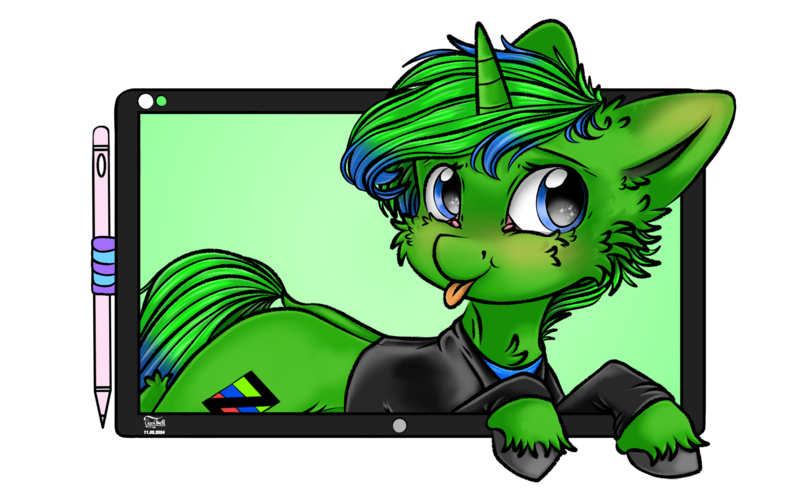 Size: 1920x1176 | Tagged: safe, artist:clarsithell, derpibooru import, oc, oc:zodia autos, unofficial characters only, pony, unicorn, blue eyes, breaking the fourth wall, clothes, cute, drawing tablet, fluffy, fur, green fur, green mane, green tail, hooves, horn, image, it's coming right at us, jacket, male, png, pony ears, shirt, signature, simple background, solo, stallion, tail, transparent background