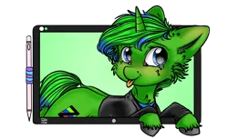 Size: 1920x1176 | Tagged: safe, artist:clarsithell, derpibooru import, oc, oc:zodia autos, unofficial characters only, pony, unicorn, blue eyes, breaking the fourth wall, clothes, cute, drawing tablet, fluffy, fur, green fur, green mane, green tail, hooves, horn, image, it's coming right at us, jacket, male, png, pony ears, shirt, signature, simple background, solo, stallion, tail, transparent background