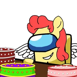 Size: 1280x1280 | Tagged: safe, artist:josephthedumbimpostor, derpibooru import, oc, oc:power star, among us, cake, food, happy, image, png, rule 85, smiling, super mario 64, super mario bros.