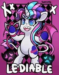 Size: 4700x6000 | Tagged: safe, artist:partypievt, derpibooru import, masquerade, oc, oc:party pie, classical unicorn, pony, unicorn, absurd resolution, bat wings, card, card game, clothes, cloven hooves, collar, eye clipping through hair, eyebrows, eyebrows visible through hair, female, fringe, horn, image, joker (persona), kiss mark, leash, leonine tail, lipstick, looking at you, looking down, looking down at you, mare, mask, masquerade mask, persona, persona 5, png, ponytail, sharp teeth, shoes, solo, teeth, unshorn fetlocks, vtuber, wings