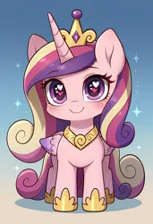 Size: 3328x4864 | Tagged: safe, ai content, derpibooru import, machine learning generated, stable diffusion, princess cadance, alicorn, pony, blushing, chibi, crown, cute, cutedance, female, folded wings, g4, generator:pony diffusion v6 xl, generator:purplesmart.ai, gradient background, heart, heart eyes, high res, horn, image, jewelry, mare, png, prompter:lerkyboy, regalia, smiling, solo, sparkles, wingding eyes, wings