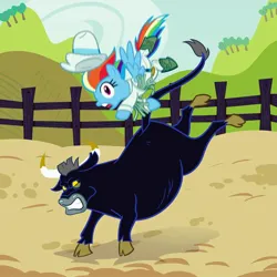 Size: 1080x1080 | Tagged: safe, derpibooru import, rainbow dash, bull, pegasus, pony, bucking, bull riding, female, g4, image, jpeg, ponies riding bulls, riding, rodeo, solo