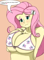 Size: 3599x4801 | Tagged: suggestive, artist:tsukai91, derpibooru import, fluttershy, butterfly, human, insect, equestria girls, between breasts, big breasts, bikini, blushing, breasts, busty fluttershy, cleavage, clothes, dialogue, eyeshadow, g4, hairclip, image, jpeg, lidded eyes, looking down, makeup, micro, midriff, smiling, string bikini, swimsuit, word bubble
