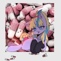 Size: 564x564 | Tagged: grimdark, artist:kuroi, derpibooru import, oc, oc:love letters, unofficial characters only, pony, unicorn, blood, clothes, drugs, female, high, horn, image, implied suicide, nosebleed, pills, png, socks, solo