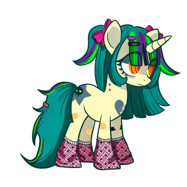 Size: 1000x1000 | Tagged: safe, artist:cottimiau, derpibooru import, oc, oc:zombie crunch, unofficial characters only, unicorn, bags under eyes, barrette, bow, clothes, female, hair bow, horn, image, pigtails, png, socks, solo, swirly eyes