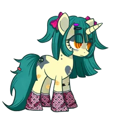 Size: 1000x1000 | Tagged: safe, artist:cottimiau, derpibooru import, oc, oc:zombie crunch, unofficial characters only, unicorn, bags under eyes, barrette, bow, clothes, female, hair bow, horn, image, pigtails, png, socks, solo, swirly eyes