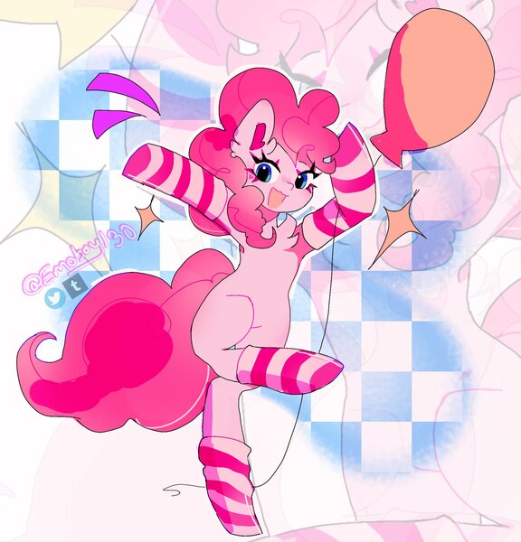 Size: 1932x2013 | Tagged: safe, artist:emoboy130, derpibooru import, pinkie pie, earth pony, pony, abstract background, balloon, belly, bipedal, chest fluff, clothes, cute, diapinkes, emanata, female, g4, hooves in air, image, jpeg, mare, open mouth, socks, solo, sparkles, standing, standing on one leg, striped socks, watermark