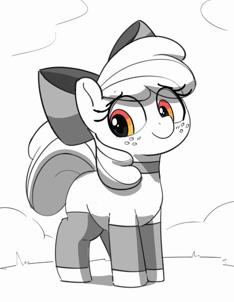 Size: 2257x2921 | Tagged: safe, artist:pabbley, derpibooru import, apple bloom, earth pony, pony, adorabloom, blank flank, choker, clothes, cute, eye clipping through hair, female, freckles, g4, grayscale, image, jpeg, leg warmers, mare, monochrome, partial color, simple background, smiling, solo, white background