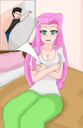 Size: 2400x3677 | Tagged: safe, artist:tsukai91, derpibooru import, fluttershy, butterfly, human, insect, equestria girls, 2d, bedroom, bedsheets, blanket, breasts, busty fluttershy, cleavage, clothes, g4, hairclip, hug, image, jpeg, long skirt, looking down, male, micro, open mouth, pillow, sitting, skirt, smiling