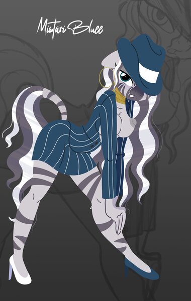 Size: 2591x4096 | Tagged: questionable, artist:bearmation, derpibooru import, oc, oc:mistari bluu, unofficial characters only, anthro, pony, unguligrade anthro, zebra, big breasts, breasts, clothes, commission, exposed breasts, fedora, female, gray background, hat, high heels, image, jpeg, lidded eyes, looking at you, mare, name, nipples, nudity, shoes, simple background, solo, solo female, suit, zebra oc