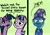 Size: 2048x1424 | Tagged: safe, artist:ewoudcponies, derpibooru import, starlight glimmer, trixie, twilight sparkle, pony, unicorn, 2 panel comic, brooch, comic, dialogue, female, funny, g4, green background, horn, image, jewelry, jpeg, mare, pun, simple background, sketchy, speech bubble, trio, trio female, trixie's brooch, visual pun, wordplay