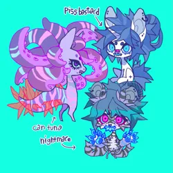 Size: 851x851 | Tagged: safe, artist:cutesykill, derpibooru import, oc, oc:kalyna, oc:shokoshu, unofficial characters only, monster pony, pony, sea pony, unicorn, bandaid, bandaid on nose, beanbrows, beauty mark, big ears, big eyes, blue background, blue mane, blue sclera, blue text, colored eyebrows, colored eyelashes, colored muzzle, colored pinnae, colored sclera, colored teeth, ear piercing, earring, eyebrows, facial markings, female, fins, furry, horn, image, jewelry, lidded eyes, mare, messy mane, messy tail, narrowed eyes, piercing, png, profile, purple coat, purple eyes, purple hair, sea pony oc, sharp teeth, simple background, sitting, striped, stripes, tail, tail fin, teeth, tentacle hair, text, trio, trio female, two toned mane, two toned tail, unicorn horn, unicorn oc, vulgar, white coat