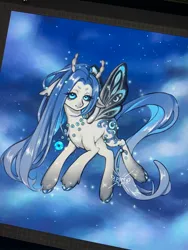 Size: 1536x2048 | Tagged: safe, artist:periwinki3, derpibooru import, oc, oc:reverie (periwinki3), unofficial characters only, butterfly, butterfly pony, hybrid, insect, pony, blue eyes, blue mane, blue tail, butterfly pony oc, chest fluff, cloud, coat markings, colored eyebrows, colored hooves, colored horns, concave belly, eye clipping through hair, facial markings, female, floppy ears, flying, gradient legs, horns, image, in air, jewelry, jpeg, long amne, long tail, looking at you, mare, necklace, night, pony oc, procreate app, shiny hoof, shiny mane, shiny tail, signature, sky background, smiling, smiling at you, snip (coat marking), solo, sparkles, stars, straight mane, straight tail, tail, torn ear, unshorn fetlocks, white coat, wingding eyes