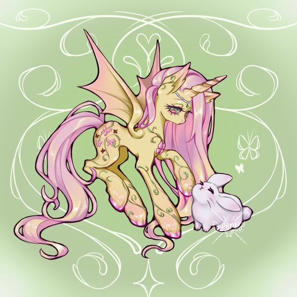 Size: 2048x2048 | Tagged: safe, artist:periwinki3, derpibooru import, angel bunny, fluttershy, alicorn, hybrid, pony, rabbit, alicornified, alternate eye color, animal, bags under eyes, bat pony hybrid, bat wings, colored hooves, colored wings, concave belly, duo, duo male and female, ear fluff, female, fluttercorn, frown, g4, gradient ears, gradient horn, gradient wings, hooves in air, horn, image, jewelry, jpeg, lidded eyes, long horn, long legs, long mane, long tail, male, mare, multicolored eyes, patterned background, pink mane, pink tail, plant, race swap, shiny hoof, shiny mane, shiny tail, signature, slender, spread wings, tail, thin, unicorn horn, unshorn fetlocks, vine, wingding eyes, wings, yellow coat