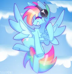 Size: 1557x1594 | Tagged: safe, artist:sillyp0ne, derpibooru import, rainbow dash, pegasus, pony, alternate hairstyle, blue coat, blushing, chest fluff, cloud, colored pinnae, colored wings, day, eye clipping through hair, eyes closed, female, flying, g4, headphones, hoof heart, image, in air, jpeg, listening to music, mare, multicolored hair, multicolored mane, multicolored tail, rainbow hair, rainbow tail, raised hoof, raised hooves, shiny mane, shiny tail, short mane, shoulder fluff, signature, sky background, smiling, solo, spread wings, tail, two toned wings, underhoof, wing fluff, wings
