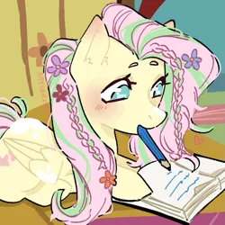 Size: 719x719 | Tagged: safe, artist:saturncoke, derpibooru import, fluttershy, pegasus, pony, book, braid, female, flower, flower in hair, folded wings, g4, heart, highlights, image, lying down, mare, mouth hold, no pupils, pencil, png, prone, scene interpretation, solo, wings, writing