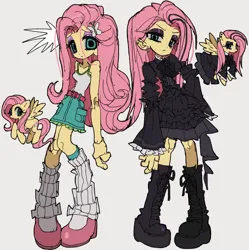 Size: 2000x2005 | Tagged: safe, artist:jwnn_, derpibooru import, fluttershy, pony, equestria girls, belt, big eyes, boots, bow, clothes, colored sclera, dress, dyed hair, ear piercing, earring, emanata, eye clipping through hair, eyelashes, eyeshadow, female, fluttergoth, flying, frilly dress, frown, g4, goth, gothic lolita, gray background, gray sclera, group, hairclip, hand on hip, image, in air, jewelry, jpeg, knee-high boots, leg warmers, lidded eyes, lolita fashion, long legs, looking at you, makeup, mare, narrowed eyes, piercing, pink hair, pink mane, pink tail, platform boots, raised hoof, self paradox, self ponidox, shoes, simple background, skirt, slender, smiling, socks, spread wings, standing, straight hair, tail, tall, tanktop, teal eyes, thin, two toned hair, wavy hair, wavy mane, wavy tail, wingding eyes, wings, yellow coat, yellow skin