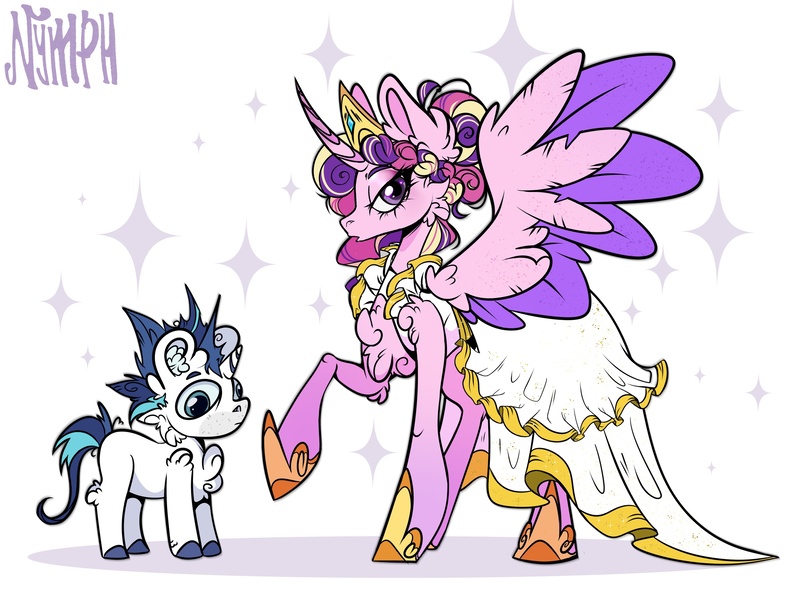 Size: 2560x1920 | Tagged: safe, artist:nymph, derpibooru import, princess cadance, shining armor, alicorn, pony, unicorn, clothes, concave belly, dress, duo, female, heart, height difference, hoof shoes, horn, image, jpeg, lidded eyes, looking at you, male, mare, meme, princess shoes, raised hoof, ship:shiningcadance, shipping, shoes, slender, spread wings, stallion, straight, the bride and the ugly ass groom, thin, toy interpretation, wedding dress, wings