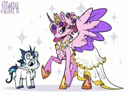 Size: 2560x1920 | Tagged: safe, artist:nymph, derpibooru import, princess cadance, shining armor, alicorn, pony, unicorn, clothes, concave belly, dress, duo, female, heart, height difference, hoof shoes, horn, image, jpeg, lidded eyes, looking at you, male, mare, meme, princess shoes, raised hoof, ship:shiningcadance, shipping, shoes, slender, spread wings, stallion, straight, the bride and the ugly ass groom, thin, toy interpretation, wedding dress, wings