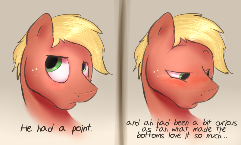 Size: 1280x769 | Tagged: artist needed, suggestive, derpibooru import, big macintosh, earth pony, blushing, dialogue, g4, image, png