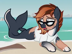 Size: 1465x1100 | Tagged: suggestive, artist:anonymous, oc, oc:salmy, unofficial characters only, hybrid, merpony, /mlp/, /ptfg/, 4chan, beach, clothes, female, glasses, human to pony, image, png, shirt, show accurate, transformation