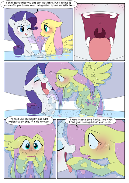Size: 2894x4093 | Tagged: suggestive, artist:auroramint, artist:shoelace, derpibooru import, part of a set, fluttershy, rarity, pegasus, pony, unicorn, comic:rarity's delight, blushing, comic, commission, fetish, horn, image, implied scat, magic, maw, mawshot, open mouth, oral vore, png, spa, telekinesis, vore, wet, wet mane, willing prey, willing vore