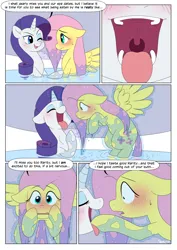 Size: 2894x4093 | Tagged: suggestive, artist:auroramint, artist:shoelace, derpibooru import, part of a set, fluttershy, rarity, pegasus, pony, unicorn, comic:rarity's delight, blushing, comic, commission, fetish, horn, image, implied scat, magic, maw, mawshot, open mouth, oral vore, png, spa, telekinesis, vore, wet, wet mane, willing prey, willing vore