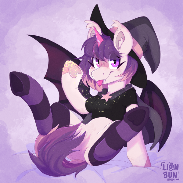 Size: 2000x2000 | Tagged: safe, artist:lionbun, derpibooru import, oc, oc:wanda, bat pony, pony, bat pony oc, bat wings, clothes, cute, fake horn, female, glitter, hat, image, lying down, mare, mlem, on back, png, shirt, silly, socks, stockings, thigh highs, tongue out, wings, witch, witch hat