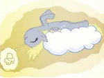 Size: 900x675 | Tagged: source needed, safe, artist:blu3berrymuffin, derpibooru import, derpy hooves, pegasus, cloud, dream, drool, food, g4, image, jpeg, legs in air, lying down, muffin, on back, sleeping