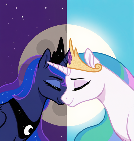 Size: 1456x1536 | Tagged: safe, ai content, derpibooru import, machine learning generated, prompter:althecow, stable diffusion, princess celestia, princess luna, alicorn, pony, crown, duo, duo female, eyes closed, female, g4, generator:pony diffusion v6 xl, image, jewelry, mare, moon, night, night sky, peytral, png, regalia, royal sisters, siblings, sisters, sky, sun
