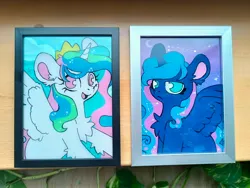 Size: 4000x3000 | Tagged: safe, artist:cutepencilcase, derpibooru import, princess celestia, princess luna, alicorn, pony, female, frown, g4, glass painting, image, jpeg, luna is not amused, no pupils, royal sisters, siblings, sisters, smiling, traditional art, unamused