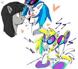 Size: 1280x1140 | Tagged: safe, artist:socialllinks, derpibooru import, octavia melody, vinyl scratch, earth pony, pony, unicorn, blushing, duo, duo female, emanata, female, g4, headphones, heart, horn, image, lesbian, looking at each other, looking at someone, mare, open mouth, open smile, png, scratchtavia, shipping, simple background, smiling, turntable, vinyl's glasses, white background