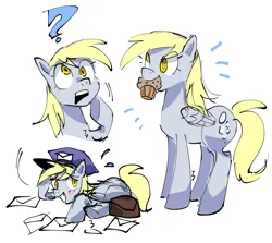 Size: 1280x1140 | Tagged: safe, artist:socialllinks, derpibooru import, derpy hooves, pegasus, pony, bag, blushing, confused, emanata, eye clipping through hair, female, folded wings, food, g4, hat, image, mail, mailbag, mailmare, mailmare hat, mare, mouth hold, muffin, multeity, open mouth, png, question mark, simple background, smiling, solo, sweat, sweatdrop, white background, wings