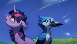 Size: 1344x768 | Tagged: safe, ai content, derpibooru import, machine learning assisted, machine learning generated, stable diffusion, twilight sparkle, alicorn, bird, blue jay, pony, aeroplanes and meteor showers, crossover, crossover shipping, crying, doodle, duo, duo male and female, eyes closed, female, g4, generator:pony diffusion v6 xl, image, male, meme, mordecai, mordetwi, night, open mouth, png, regular show, sad, shipping, stars, straight, teary eyes