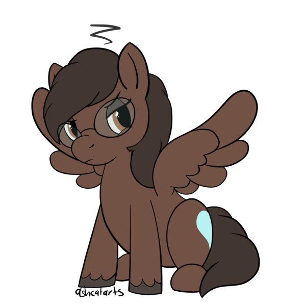 Size: 1500x1500 | Tagged: safe, artist:ashcatarts, derpibooru import, oc, unofficial characters only, pegasus, pony, brown coat, glasses, grumpy, image, png, simple background, sitting, solo, spread wings, transparent background, wings