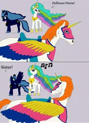 Size: 4250x5845 | Tagged: safe, artist:ashertye, derpibooru import, princess celestia, princess luna, alicorn, horse, pony, absurd resolution, cat calling, crossover, image, jpeg, music notes, she-ra and the princesses of power, swift wind