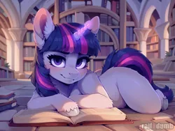 Size: 8192x6144 | Tagged: safe, ai content, derpibooru import, machine learning generated, prompter:raif, stable diffusion, twilight sparkle, fluffy pony, pony, unicorn, book, bookshelf, castle, crossed hooves, ear fluff, eyebrows, eyelashes, eyeliner, female, fluffy, g4, generator:easyfluff v11.2, glow, glowing horn, head tilt, high res, hooves, horn, illustration, image, indoors, library, looking at you, lying down, magic, makeup, multicolored hair, multicolored tail, png, pretty, purple eyes, shoulder fluff, smiling, smiling at you, solo, solo female, tail, teeth, wallpaper, watermark