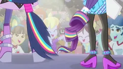 Size: 1920x1080 | Tagged: safe, derpibooru import, screencap, rarity, twilight sparkle, human, equestria girls, rainbow rocks, shake your tail, clothes, g4, image, jpeg, legs, ponied up, rear view, shoes